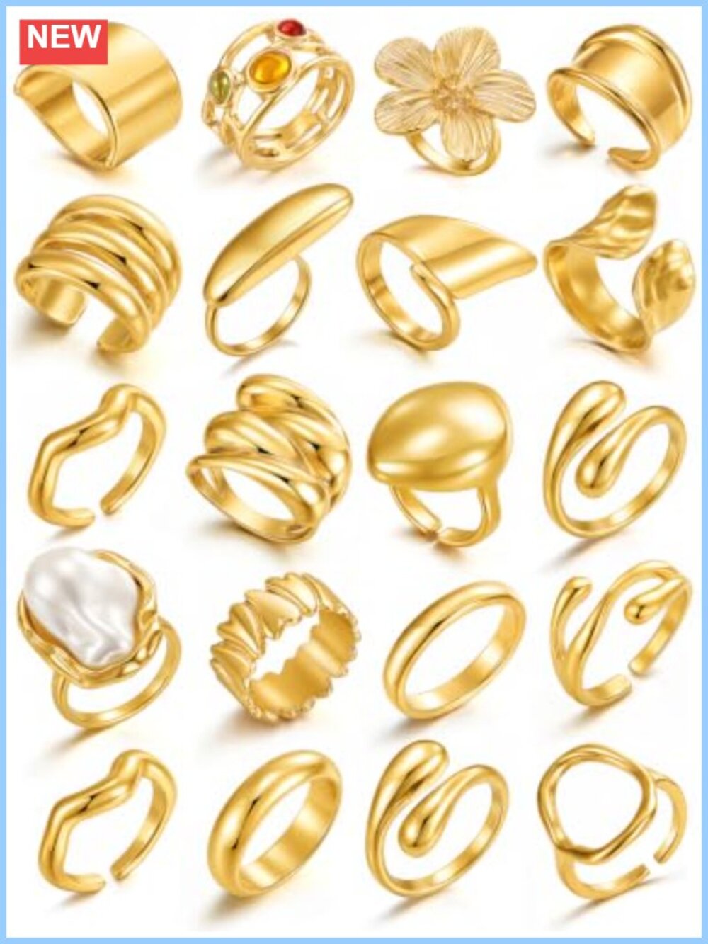 14K Gold Plated Stacking Ring Set 20 Pcs Adjustable Statement Rings